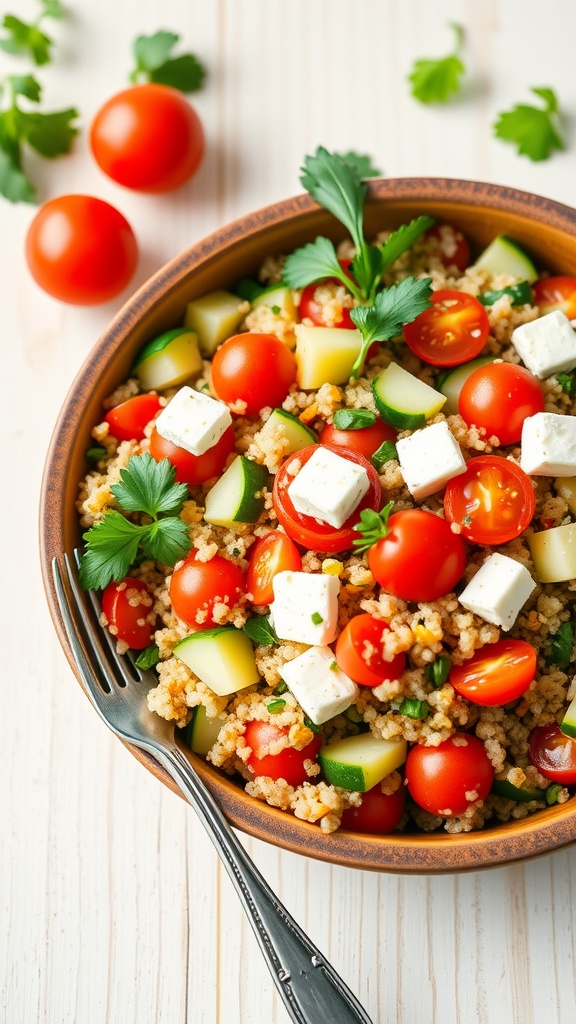 A vibrant quinoa salad with tomatoes, cucumber, and feta cheese, served in a rustic bowl.
